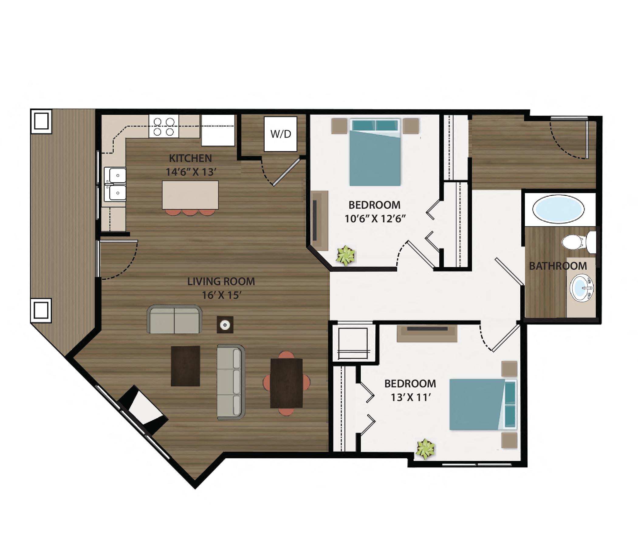 Floor plan for 2 beds, 1 bath, 1027 sqft